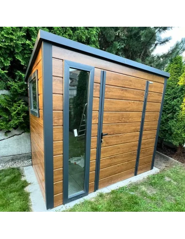 Metall Gerätehaus Geräteschuppen Gartenhaus 3x2 m - Anthrazit + Golden Eiche mit Kippfenster