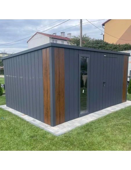 Metall Gerätehaus Geräteschuppen Gartenhaus 3x2 m - Anthrazit + Golden Eiche mit Kippfenster