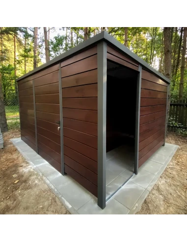 Metall Gerätehaus Geräteschuppen Gartenhaus 3x3 m - Anthrazit + Golden Eiche mit Kippfenster