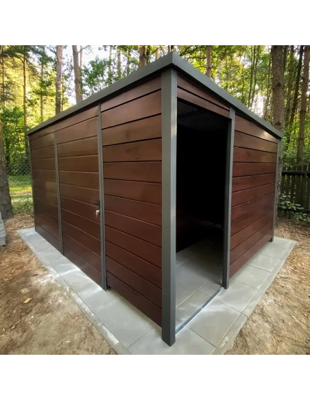 Metall Gerätehaus Geräteschuppen Gartenhaus 3x3 m - Anthrazit + Golden Eiche mit Kippfenster