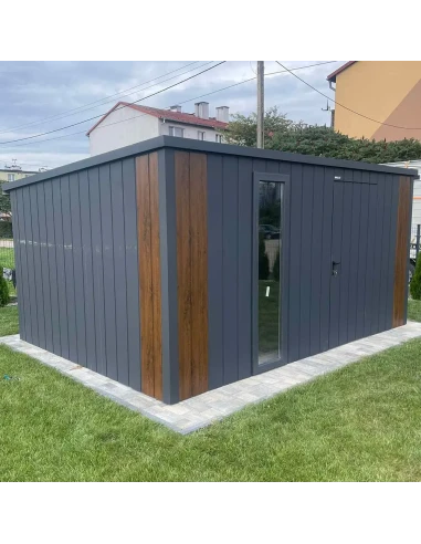 Metall Gerätehaus Geräteschuppen Gartenhaus 3x3 m - Anthrazit + Golden Eiche mit Kippfenster