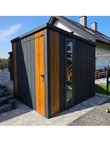Metall Gerätehaus Geräteschuppen Gartenhaus 3x3 m - Anthrazit + Golden Eiche mit Kippfenster