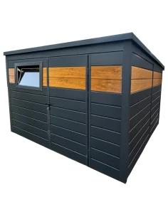 Metall Gerätehaus Geräteschuppen Gartenhaus 3x3 m - Anthrazit + Golden Eiche mit Kippfenster