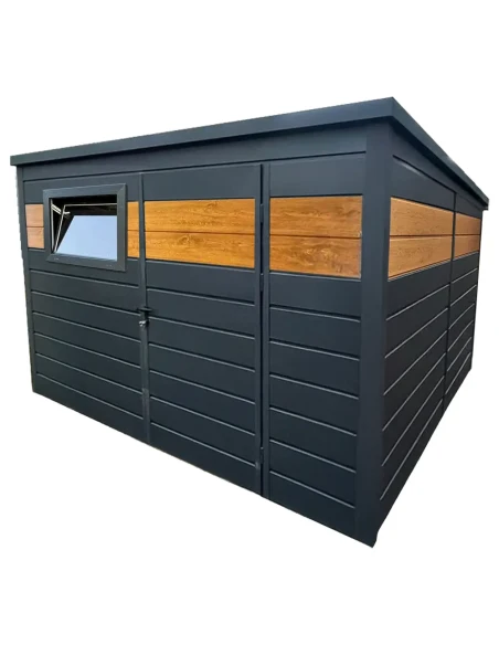 Metall Gerätehaus Geräteschuppen Gartenhaus 3x3 m - Anthrazit + Golden Eiche mit Kippfenster