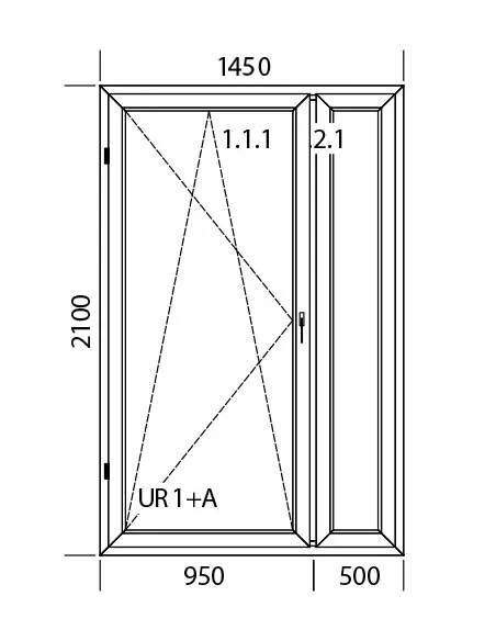 Kunststoff Balkontür 1450 x 2100 mm DREH/KIPP + FIX