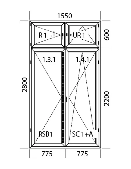Kunststoff Balkontür 1550 x 2800 mm DREH + DREH/KIPP mit Oberlicht