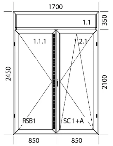 Kunststoff Balkontür 1700 x 2450 mm DREH + DREH/KIPP mit Oberlicht