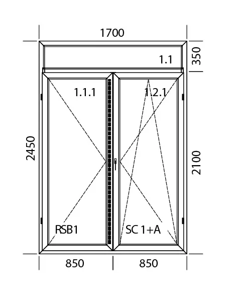 Kunststoff Balkontür 1700 x 2450 mm DREH + DREH/KIPP mit Oberlicht