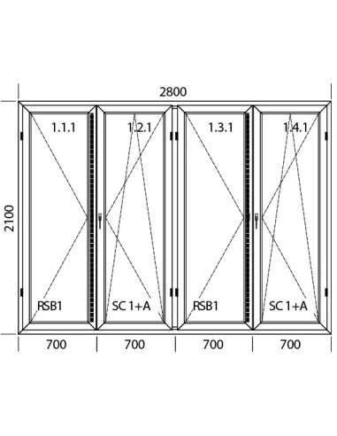 Kunststoff Balkontür 2800 x 2100 mm Terassentür DREH + DREH/KIPP + DREH + DREH/KIPP