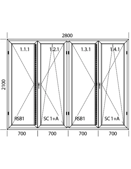 Kunststoff Balkontür 2800 x 2100 mm Terassentür DREH + DREH/KIPP + DREH + DREH/KIPP
