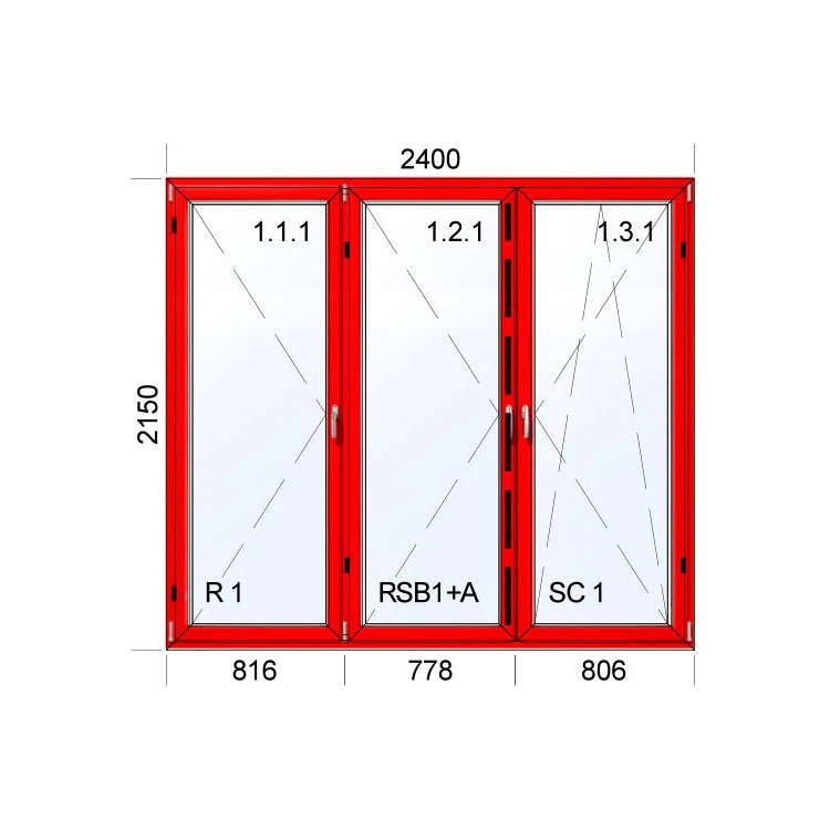 Kunststoff-Alu Fenster 2400 x 2150 mm Terassentür DREH + DREH + DREH/KIPP
