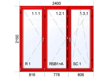 Kunststoff-Alu Fenster 2400 x 2150 mm Terassentür DREH + DREH + DREH/KIPP