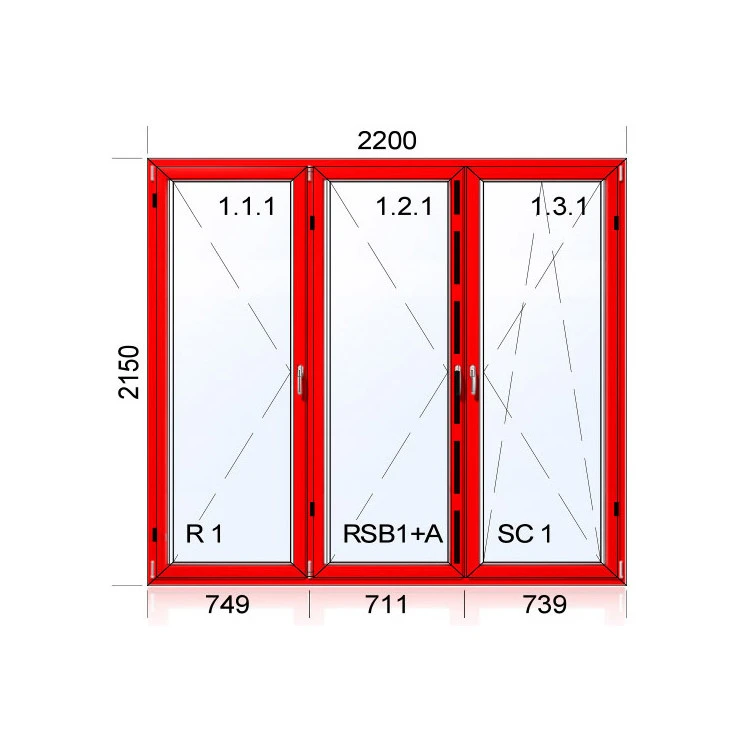 Kunststoff-Alu Fenster 2200 x 2150 mm Terassentür DREH + DREH + DREH/KIPP