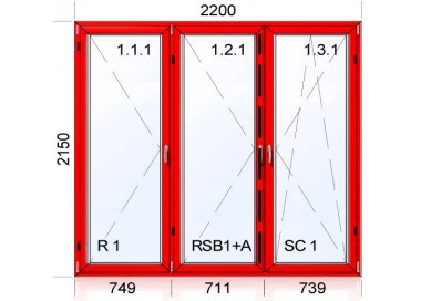 Kunststoff-Alu Fenster 2200 x 2150 mm Terassentür DREH + DREH + DREH/KIPP