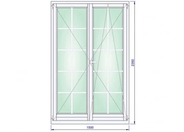 Holz Balkontür 1500 x 2350 mm Doppelflügel Sprossenfenster Kiefer Calcink DREH | DREH/KIPP