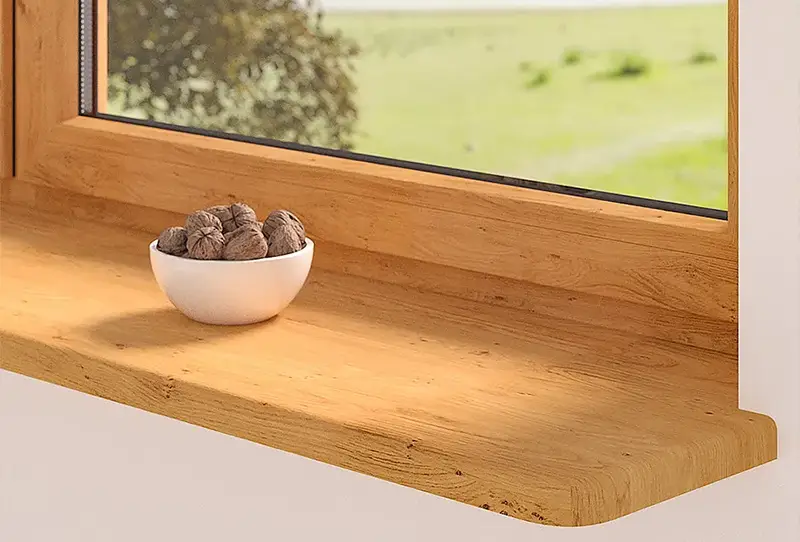 Holz&auml;hnliche MDF-Fensterbank mit erh&ouml;hter Feuchtigkeitsbest&auml;ndigkeit am Fenster &ndash; &auml;sthetische L&ouml;sung f&uuml;r K&uuml;che oder Wohnraum