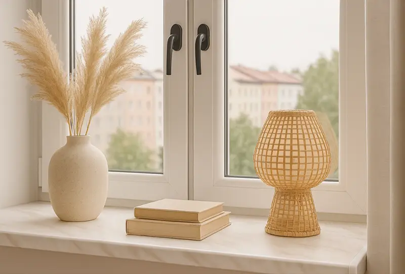 Helle PVC-Fensterbank an wei&szlig;em Fenster mit nat&uuml;rlichen Dekorationen &ndash; praktische und pflegeleichte L&ouml;sung f&uuml;r Innenr&auml;ume