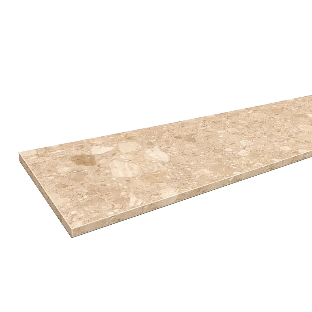 Innenfensterbank aus Agglo-Marmor &bdquo;Olympo&ldquo; (100 &times; 150 mm) mit abgerundeter Ecke und gefaster Kante.