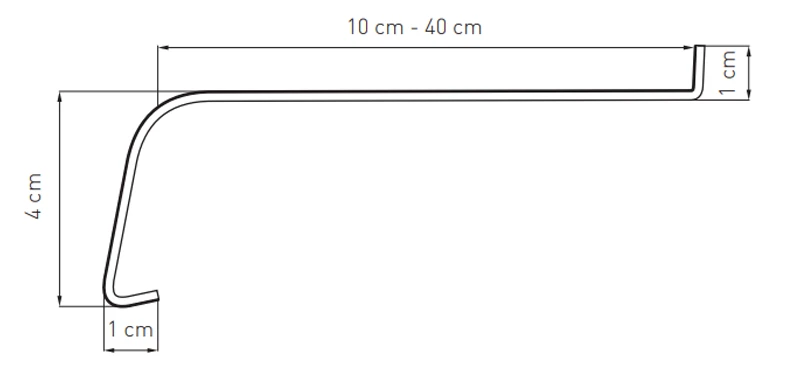 Technische Zeichnung einer Aluminium-Fensterbank Softline mit Ma&szlig;angaben (10&ndash;40 cm Tiefe, 4 cm H&ouml;he).