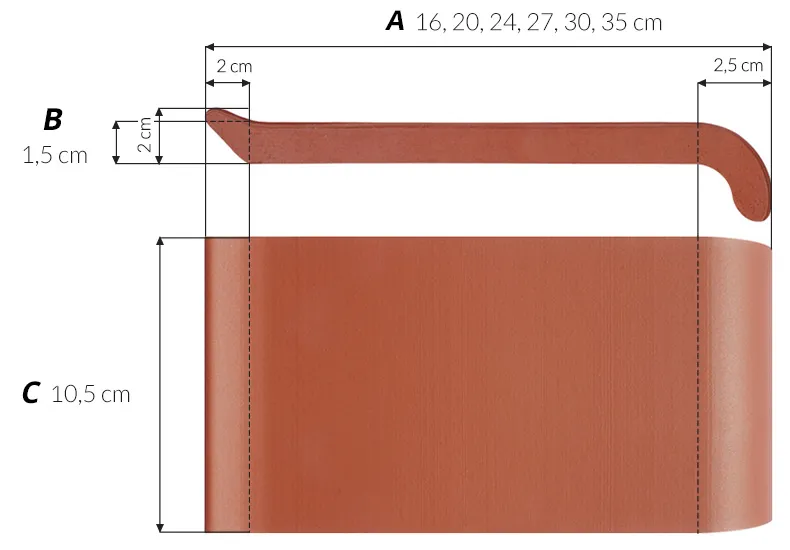 Technische Zeichnung einer Klinkerfensterbank mit Maßangaben (Längen 16–35 cm, Breite 10,5 cm, Dicke 1,5 cm).