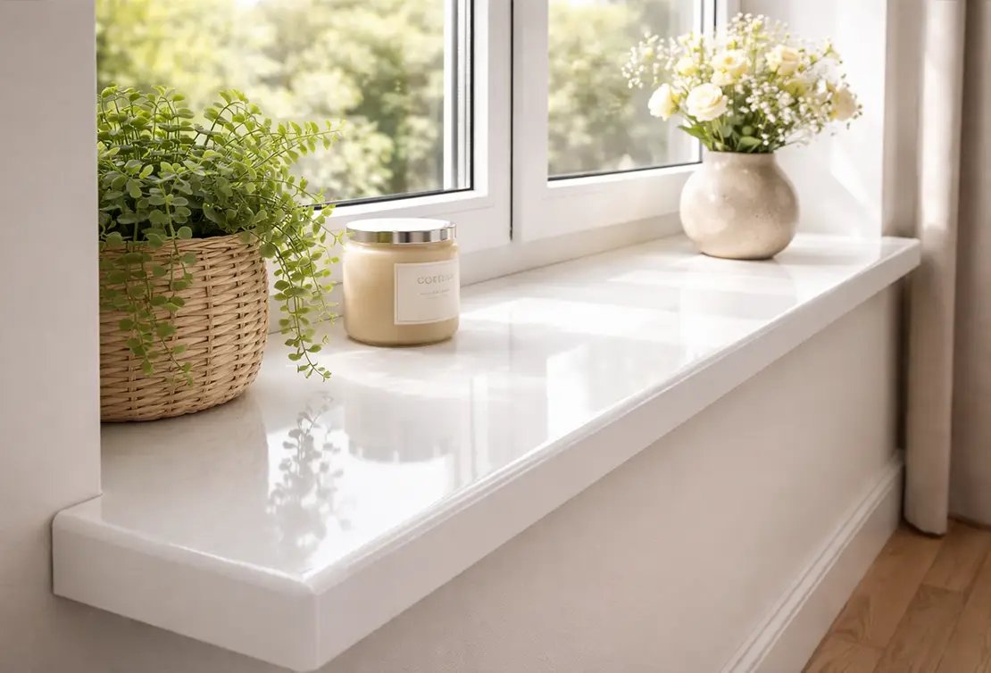 Wei&szlig;e MDF-Fensterbank mit abgerundeter Kante unter dem Fenster - eine elegante und praktische L&ouml;sung f&uuml;r den Innenraum mit Platz f&uuml;r Dekorationen.