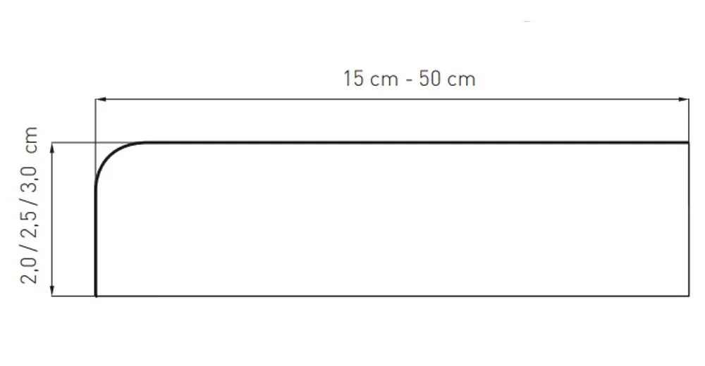 Technische Zeichnung einer MDF-Innenfensterbank mit der Beschriftung &bdquo;MDF-Fensterb&auml;nke f&uuml;r stilvolle Innenr&auml;ume&ldquo;.
