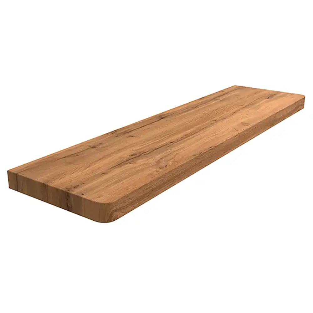 Innenfensterbank aus MDF, laminiert in der Farbe Eiche Rustico, mit abgerundeten Ecken &ndash; Produktansicht mit technischer Datentabelle.