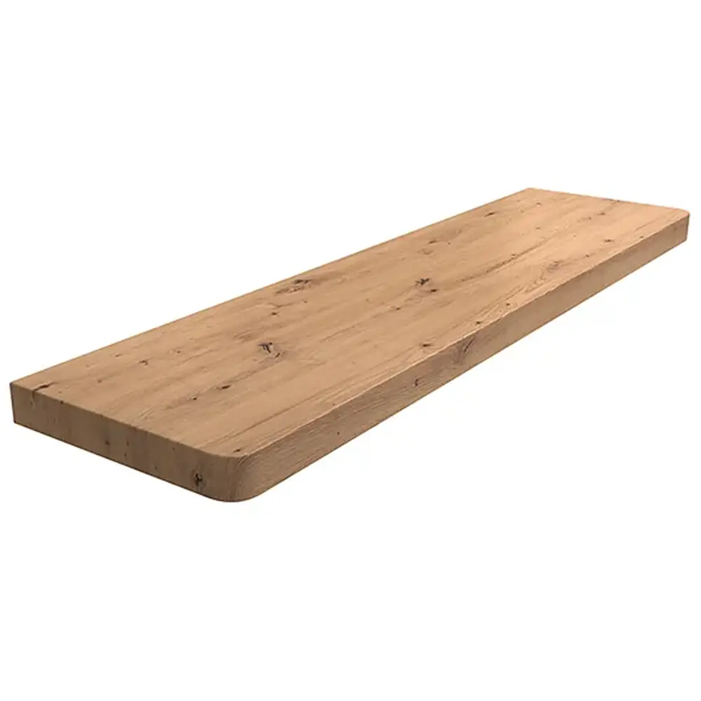Innenfensterbank aus MDF, laminiert in der Farbe Eiche Riviera, mit abgerundeten Ecken &ndash; Produktansicht mit technischer Datentabelle.