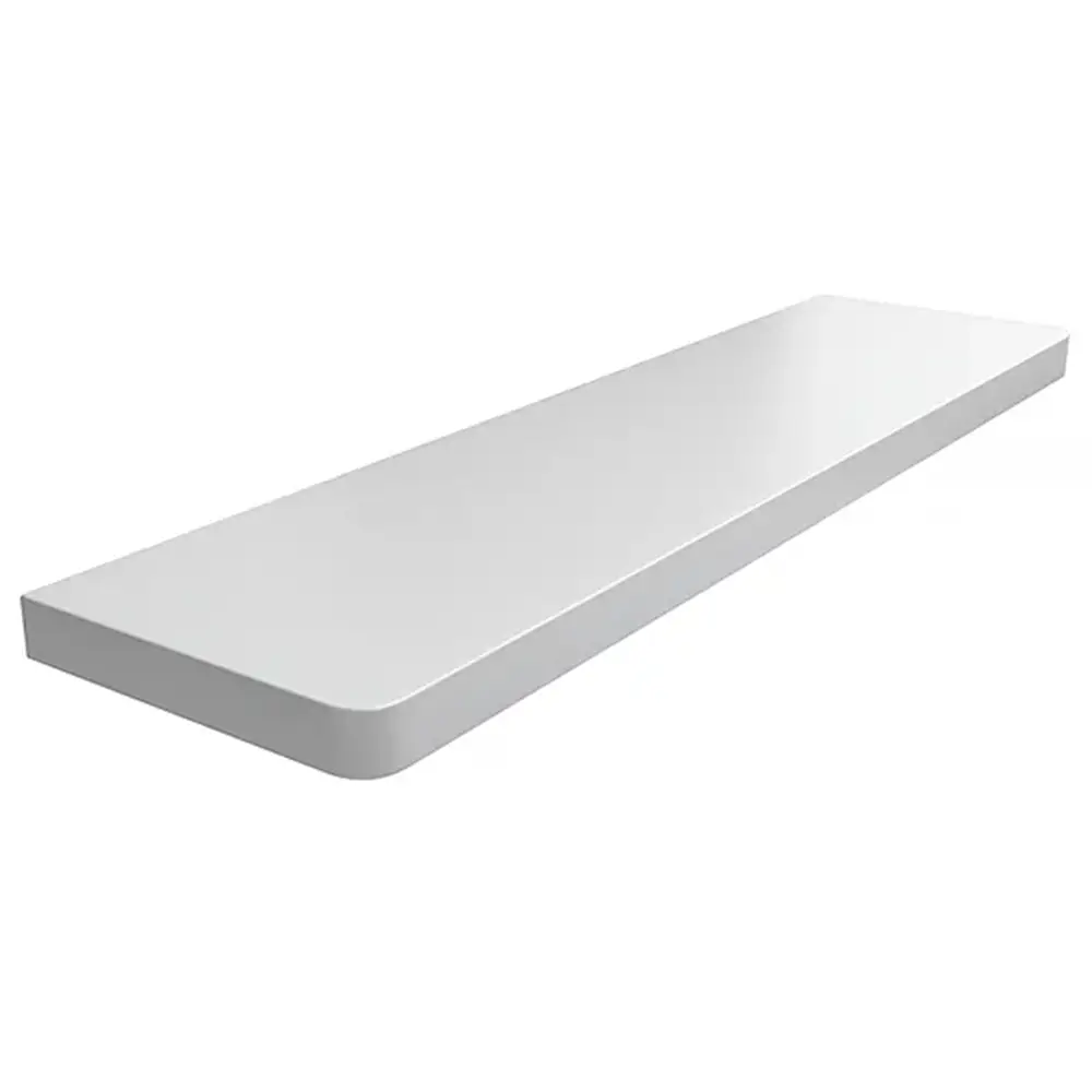 Innenfensterbank aus MDF, laminiert in der Farbe Grau, mit abgerundeten Ecken &ndash; Produktansicht mit technischer Datentabelle.