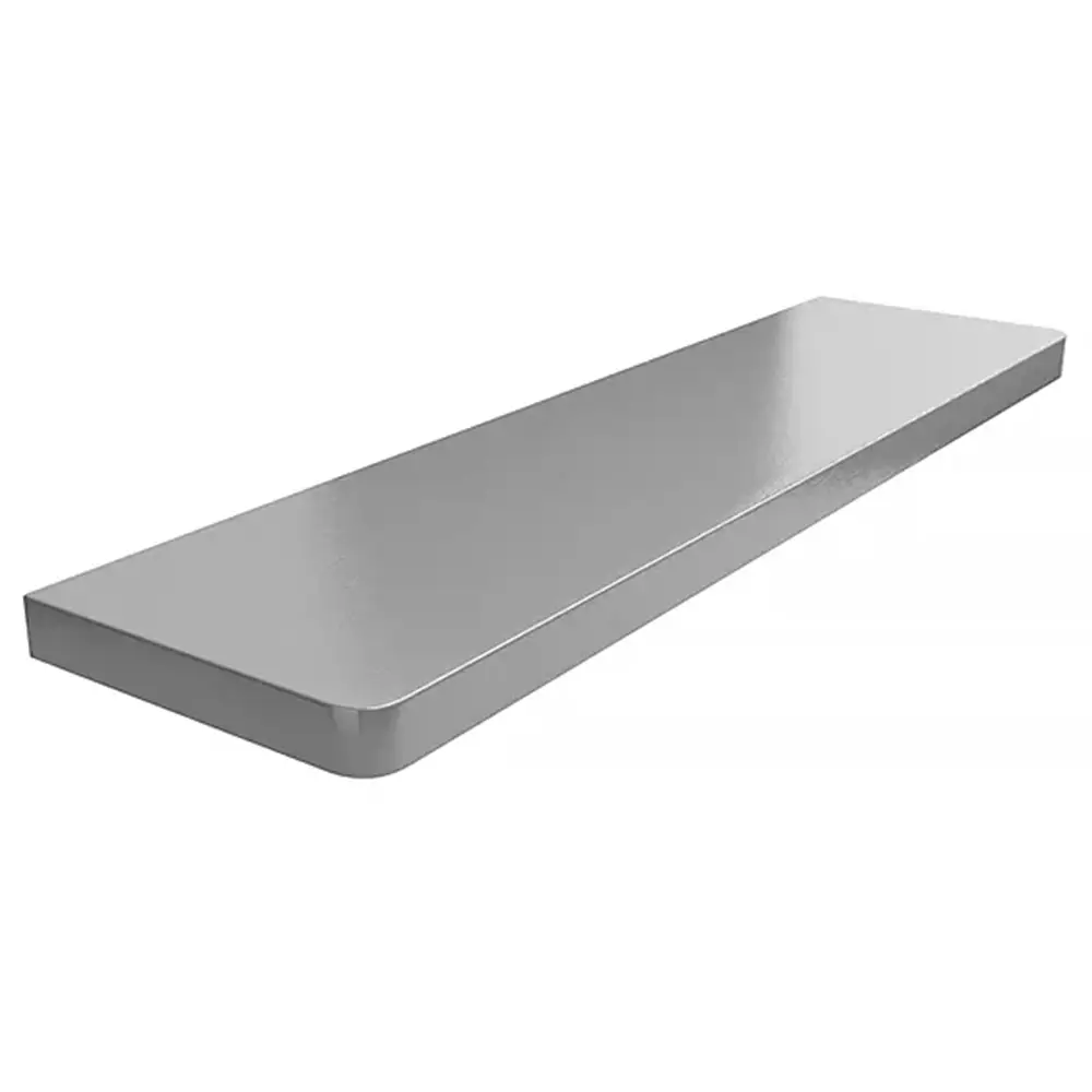 Innenfensterbank aus MDF, laminiert in der Farbe Aluminium 58, mit abgerundeten Ecken &ndash; Produktansicht mit technischer Datentabelle.