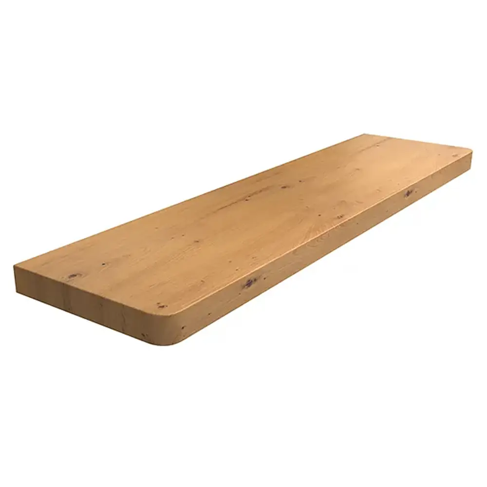 Innenfensterbank aus MDF, laminiert in der Farbe Eiche Artisan, mit abgerundeten Ecken &ndash; Produktansicht mit technischer Datentabelle.