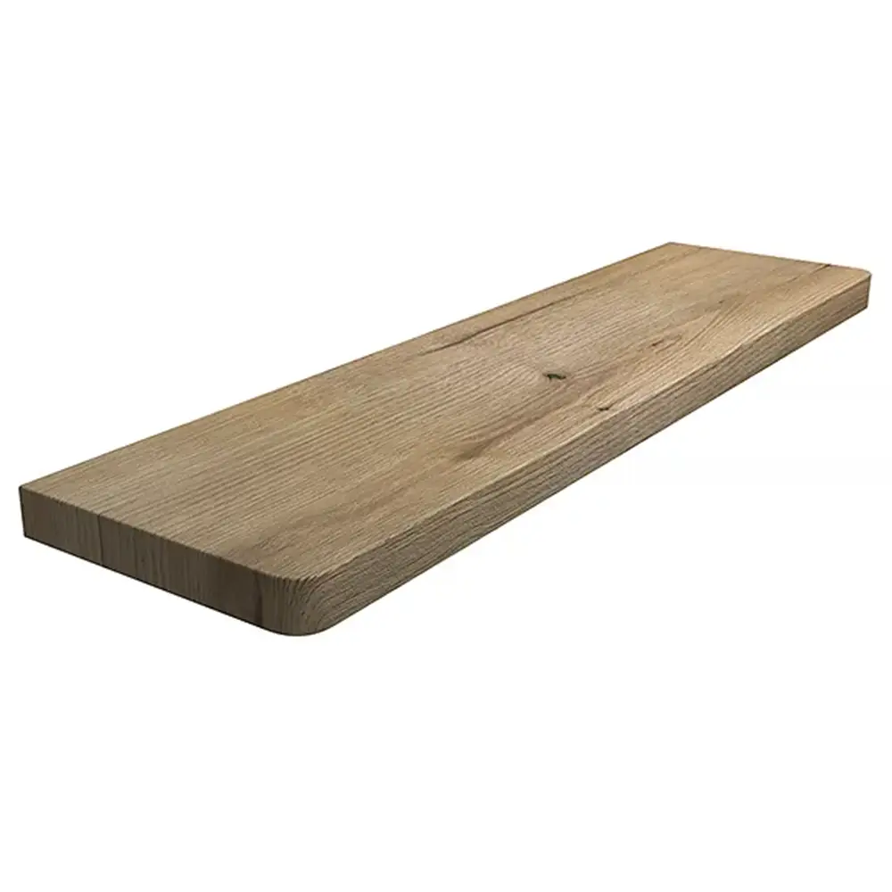 Innenfensterbank aus MDF, laminiert in der Farbe Woodec, mit abgerundeten Ecken &ndash; Produktansicht mit technischer Datentabelle.