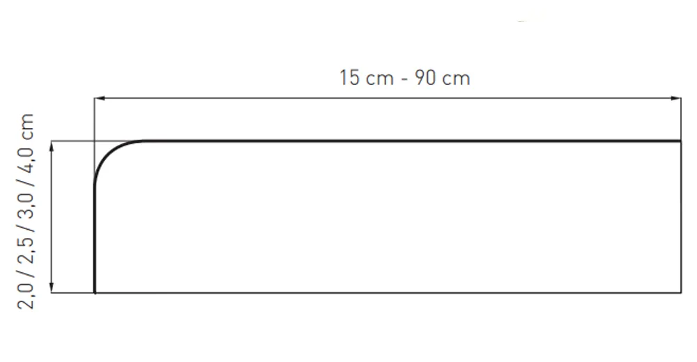 Technische Zeichnung einer MDF-Innenfensterbank (15&ndash;90 cm Breite, 2&ndash;4 cm St&auml;rke) mit Beschreibung &bdquo;MDF-Fensterb&auml;nke f&uuml;r stilvolle Innenr&auml;ume&ldquo;