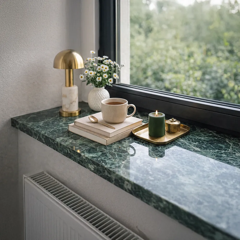 Innenfensterbank aus Marmor &ndash; elegante Gestaltung der Fensternische mit Dekorationen.