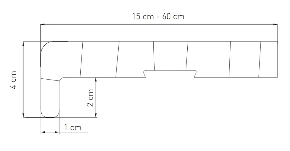 Technische Zeichnung einer PVC-Innenfensterbank (15&ndash;60 cm Breite) mit Ma&szlig;angaben und Querschnitt &ndash; langlebige Fensterbank f&uuml;r den Innenbereich