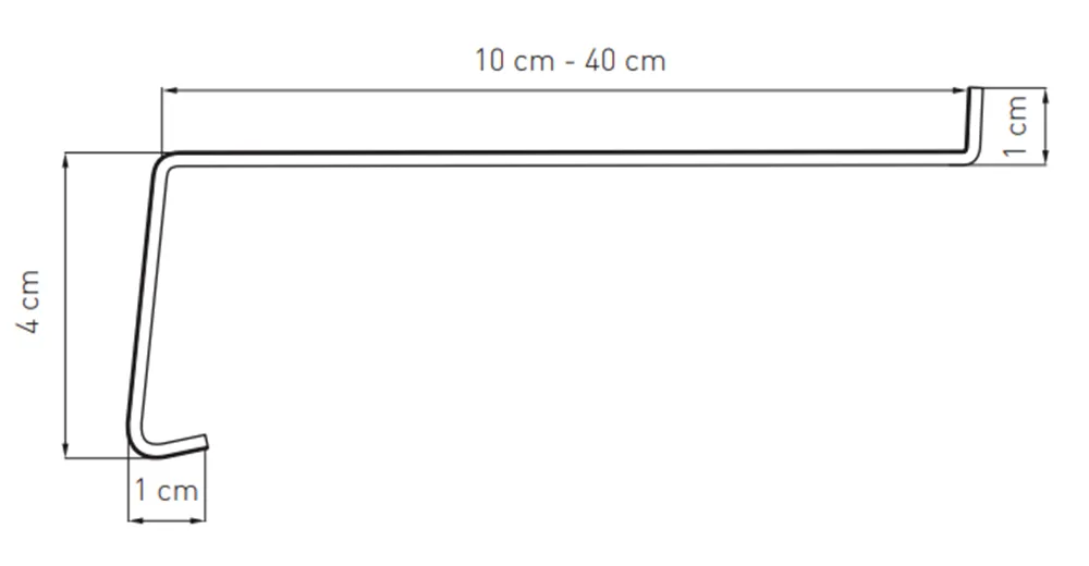 Technischer Querschnitt einer lackierten Stahlfensterbank &ndash; Breiten von 10&ndash;40 cm, H&ouml;he 4 cm sowie abgekantete Montagekanten.