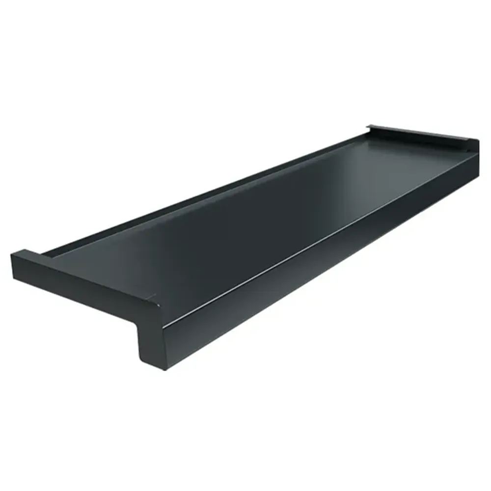 Au&szlig;enfensterbank aus Stahl in RAL 7021, inklusive technischer Daten&uuml;bersicht (250 &times; 150 mm, 0,7 mm Blechst&auml;rke, f&uuml;r den Au&szlig;enbereich).