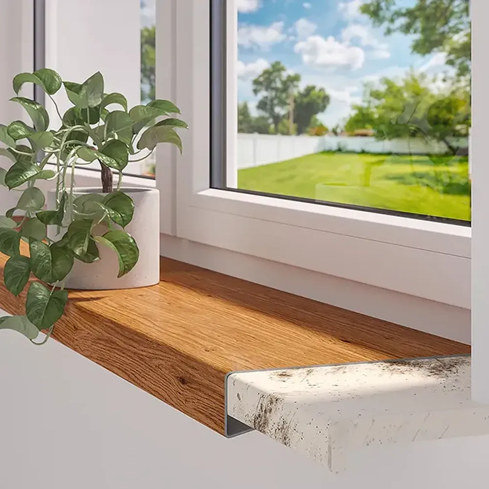 Renovierungs-Fensterbankabdeckung in Holzoptik auf einer alten Fensterbank montiert &ndash; schnelle und &auml;sthetische Auffrischung der Fensternische ohne Demontage.