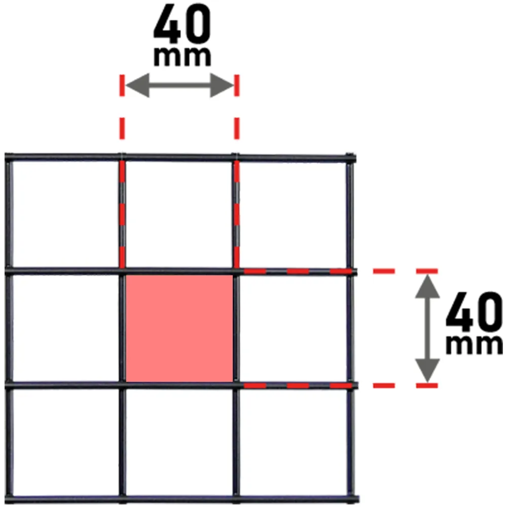 Detailansicht eines Stahlgitters mit 40 &times; 40 mm Maschenweite und Ma&szlig;angaben.