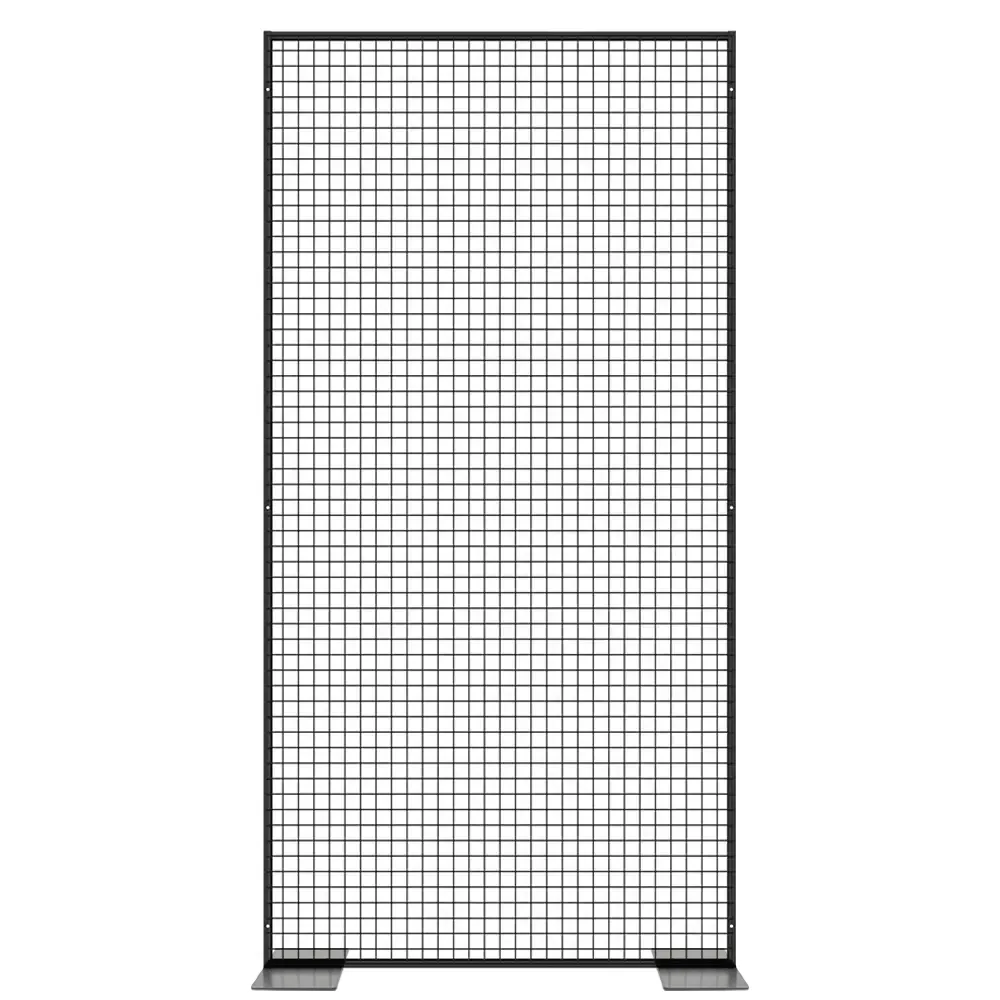 Schwarzes Stahlgitter im Loft-Stil (1220 &times; 2420 mm) mit technischen Daten und Zubeh&ouml;r&uuml;bersicht.