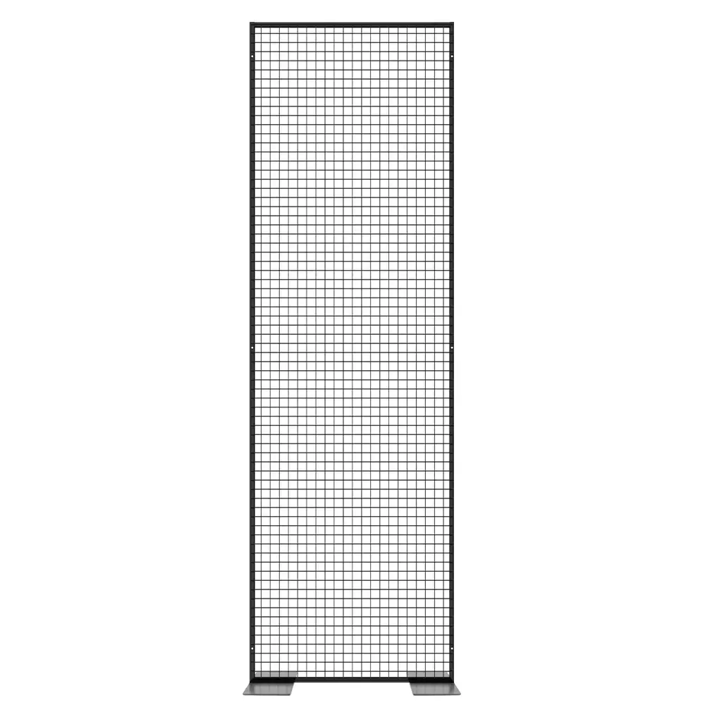 Schwarzes Stahlgitter im Loft-Stil (1220 &times; 2420 mm) mit technischen Daten und Zubeh&ouml;r&uuml;bersicht.