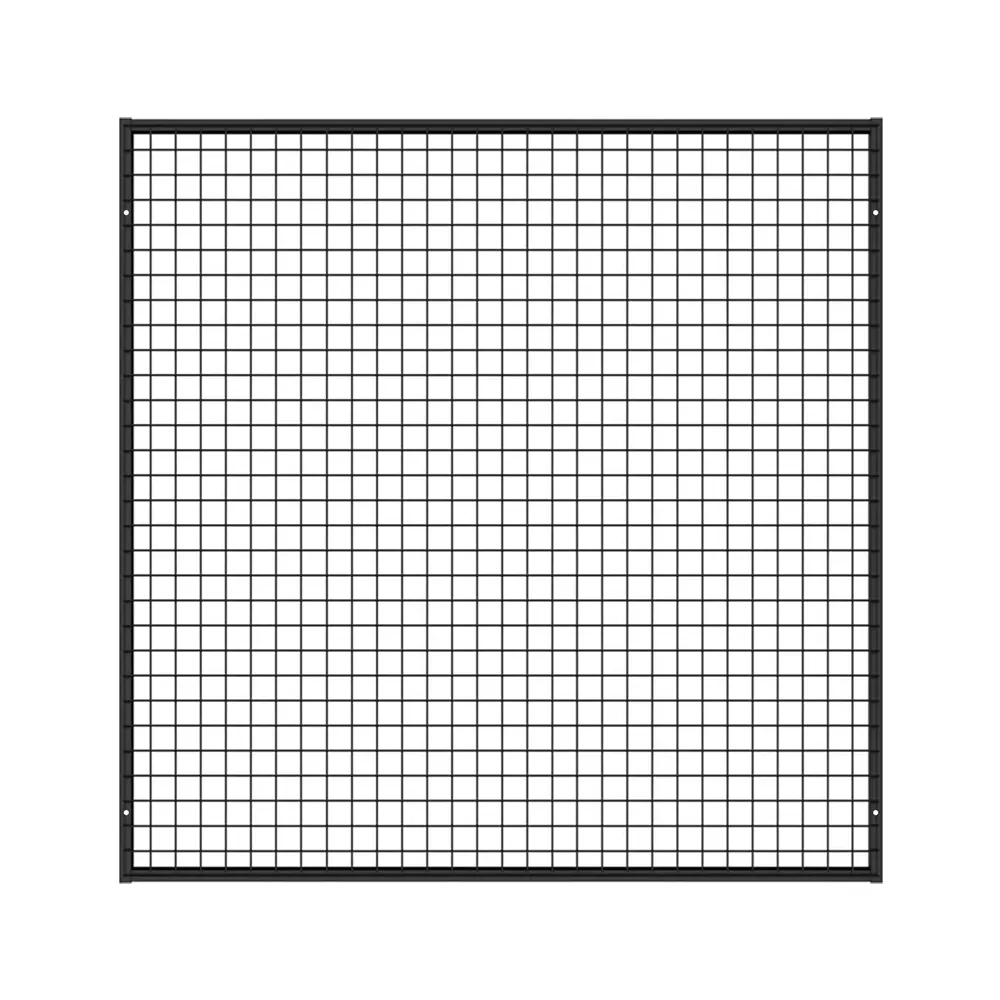 Schwarzes Stahlgitter im Loft-Stil (1220 &times; 1220 mm) mit technischen Daten und Zubeh&ouml;r&uuml;bersicht.