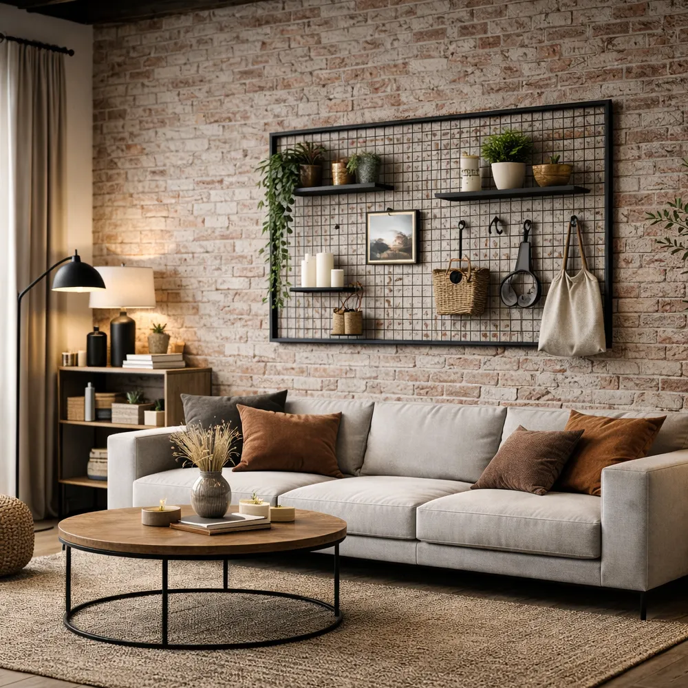 Wohnzimmer im Loft-Stil mit schwarzem Stahlgitter als Wandregal &uuml;ber einem Sofa an einer Ziegelwand.